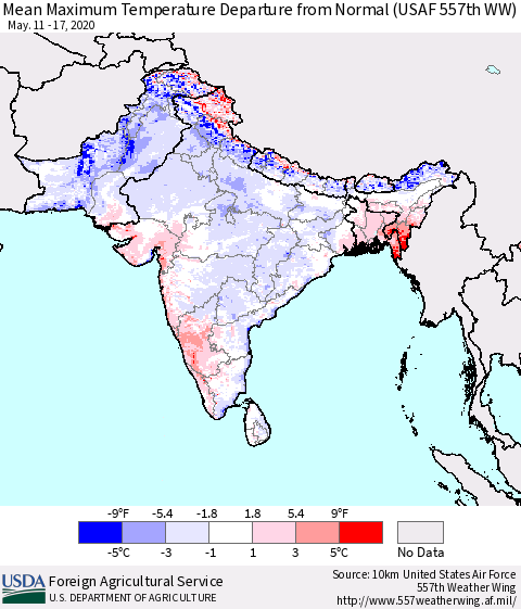 Southern Asia Maximum Temperature Departure From Normal (USAF 557th WW) Thematic Map For 5/11/2020 - 5/17/2020