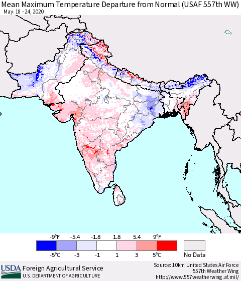 Southern Asia Mean Maximum Temperature Departure from Normal (USAF 557th WW) Thematic Map For 5/18/2020 - 5/24/2020