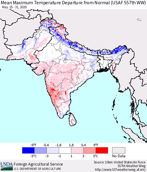 Southern Asia Mean Maximum Temperature Departure from Normal (USAF 557th WW) Thematic Map For 5/25/2020 - 5/31/2020
