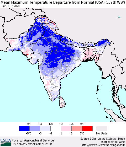 Southern Asia Mean Maximum Temperature Departure from Normal (USAF 557th WW) Thematic Map For 6/1/2020 - 6/7/2020