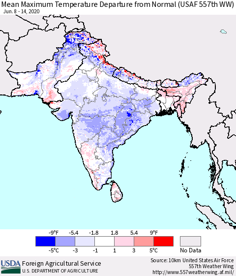 Southern Asia Maximum Temperature Departure From Normal (USAF 557th WW) Thematic Map For 6/8/2020 - 6/14/2020