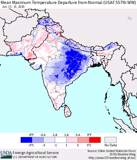 Southern Asia Maximum Temperature Departure From Normal (USAF 557th WW) Thematic Map For 6/15/2020 - 6/21/2020