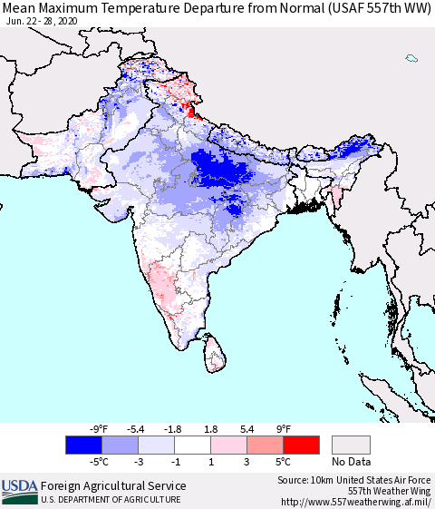 Southern Asia Maximum Temperature Departure From Normal (USAF 557th WW) Thematic Map For 6/22/2020 - 6/28/2020
