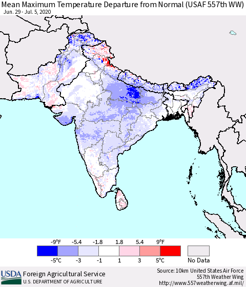 Southern Asia Mean Maximum Temperature Departure from Normal (USAF 557th WW) Thematic Map For 6/29/2020 - 7/5/2020