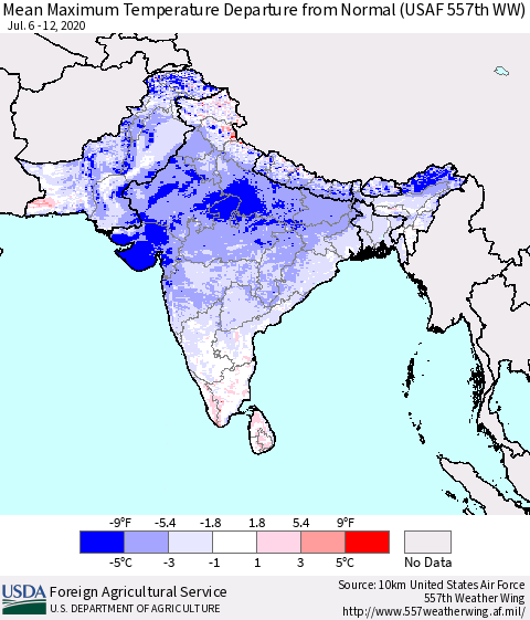 Southern Asia Maximum Temperature Departure From Normal (USAF 557th WW) Thematic Map For 7/6/2020 - 7/12/2020