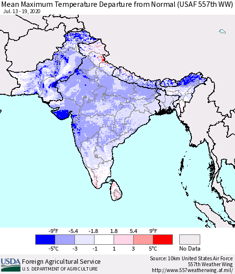 Southern Asia Mean Maximum Temperature Departure from Normal (USAF 557th WW) Thematic Map For 7/13/2020 - 7/19/2020