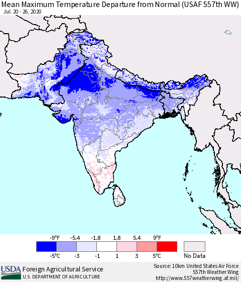Southern Asia Maximum Temperature Departure From Normal (USAF 557th WW) Thematic Map For 7/20/2020 - 7/26/2020