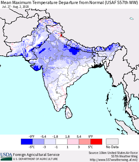 Southern Asia Maximum Temperature Departure From Normal (USAF 557th WW) Thematic Map For 7/27/2020 - 8/2/2020