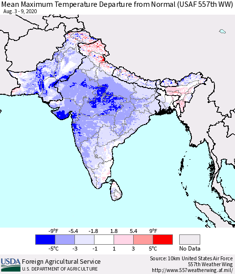 Southern Asia Maximum Temperature Departure From Normal (USAF 557th WW) Thematic Map For 8/3/2020 - 8/9/2020
