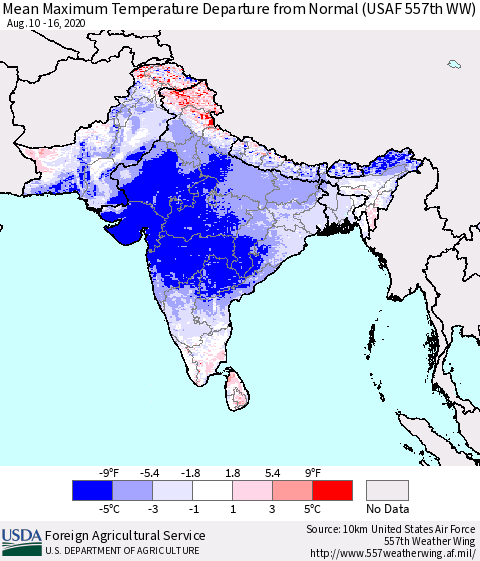 Southern Asia Mean Maximum Temperature Departure from Normal (USAF 557th WW) Thematic Map For 8/10/2020 - 8/16/2020