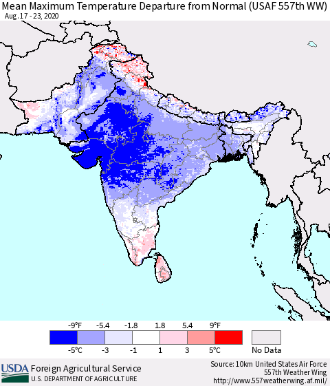 Southern Asia Mean Maximum Temperature Departure from Normal (USAF 557th WW) Thematic Map For 8/17/2020 - 8/23/2020