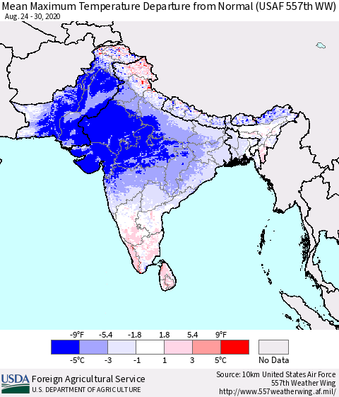 Southern Asia Mean Maximum Temperature Departure from Normal (USAF 557th WW) Thematic Map For 8/24/2020 - 8/30/2020