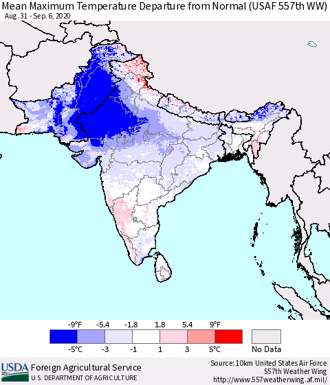 Southern Asia Mean Maximum Temperature Departure from Normal (USAF 557th WW) Thematic Map For 8/31/2020 - 9/6/2020