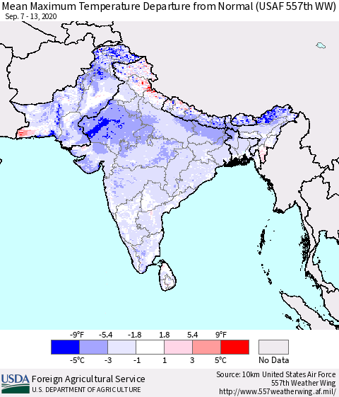 Southern Asia Maximum Temperature Departure From Normal (USAF 557th WW) Thematic Map For 9/7/2020 - 9/13/2020