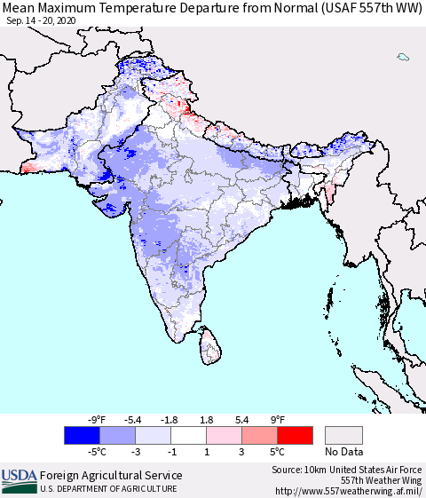 Southern Asia Mean Maximum Temperature Departure from Normal (USAF 557th WW) Thematic Map For 9/14/2020 - 9/20/2020