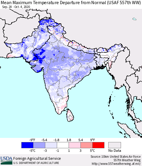 Southern Asia Mean Maximum Temperature Departure from Normal (USAF 557th WW) Thematic Map For 9/28/2020 - 10/4/2020