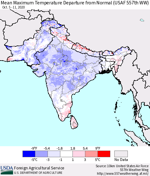Southern Asia Maximum Temperature Departure From Normal (USAF 557th WW) Thematic Map For 10/5/2020 - 10/11/2020