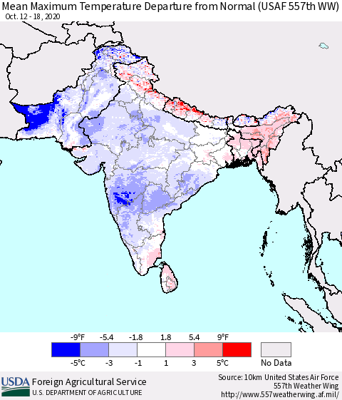 Southern Asia Maximum Temperature Departure From Normal (USAF 557th WW) Thematic Map For 10/12/2020 - 10/18/2020