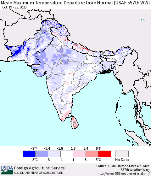Southern Asia Maximum Temperature Departure From Normal (USAF 557th WW) Thematic Map For 10/19/2020 - 10/25/2020