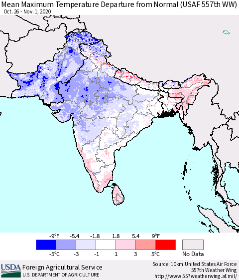 Southern Asia Mean Maximum Temperature Departure from Normal (USAF 557th WW) Thematic Map For 10/26/2020 - 11/1/2020