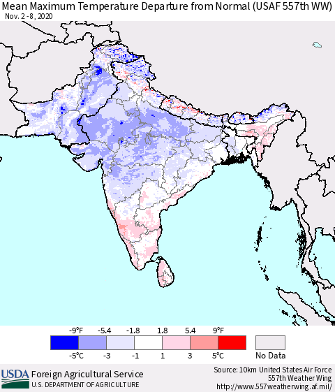 Southern Asia Maximum Temperature Departure From Normal (USAF 557th WW) Thematic Map For 11/2/2020 - 11/8/2020