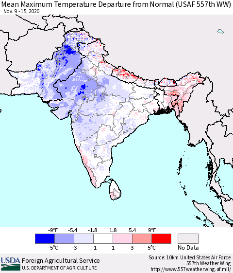 Southern Asia Mean Maximum Temperature Departure from Normal (USAF 557th WW) Thematic Map For 11/9/2020 - 11/15/2020