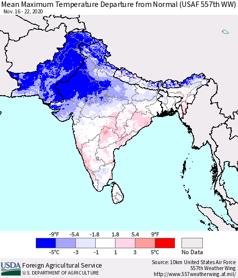 Southern Asia Mean Maximum Temperature Departure from Normal (USAF 557th WW) Thematic Map For 11/16/2020 - 11/22/2020