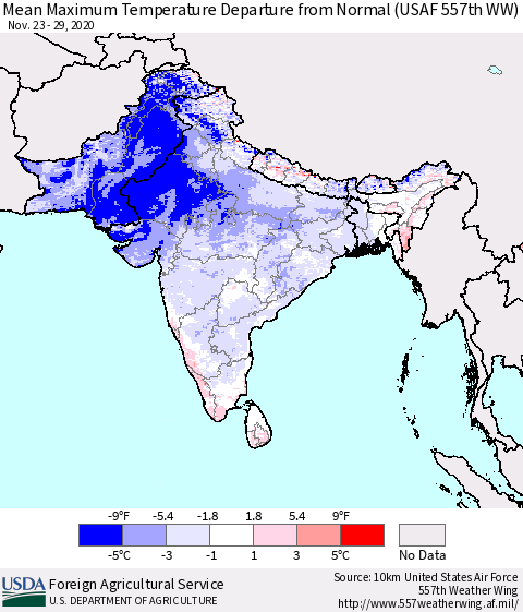 Southern Asia Mean Maximum Temperature Departure from Normal (USAF 557th WW) Thematic Map For 11/23/2020 - 11/29/2020