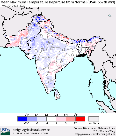 Southern Asia Mean Maximum Temperature Departure from Normal (USAF 557th WW) Thematic Map For 11/30/2020 - 12/6/2020