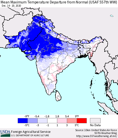 Southern Asia Mean Maximum Temperature Departure from Normal (USAF 557th WW) Thematic Map For 12/14/2020 - 12/20/2020