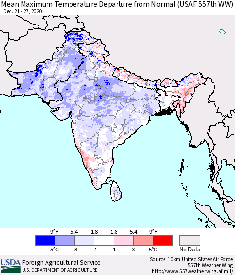 Southern Asia Mean Maximum Temperature Departure from Normal (USAF 557th WW) Thematic Map For 12/21/2020 - 12/27/2020