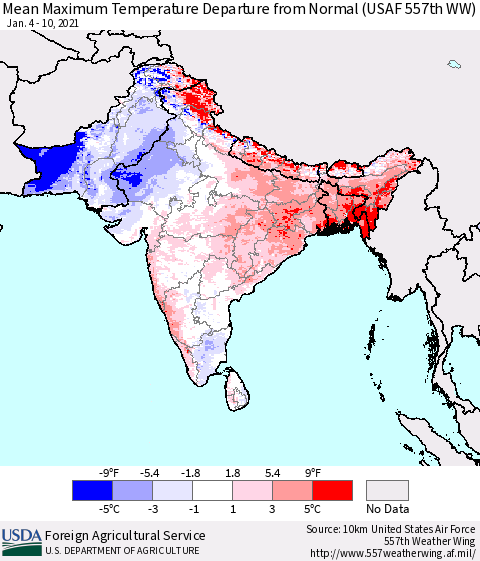 Southern Asia Maximum Temperature Departure From Normal (USAF 557th WW) Thematic Map For 1/4/2021 - 1/10/2021