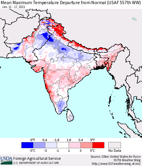 Southern Asia Maximum Temperature Departure From Normal (USAF 557th WW) Thematic Map For 1/11/2021 - 1/17/2021