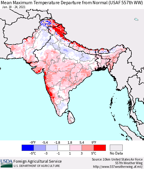 Southern Asia Maximum Temperature Departure From Normal (USAF 557th WW) Thematic Map For 1/18/2021 - 1/24/2021