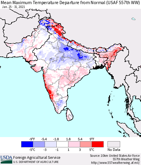 Southern Asia Mean Maximum Temperature Departure from Normal (USAF 557th WW) Thematic Map For 1/25/2021 - 1/31/2021