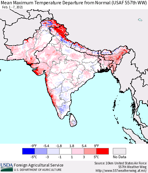 Southern Asia Mean Maximum Temperature Departure from Normal (USAF 557th WW) Thematic Map For 2/1/2021 - 2/7/2021