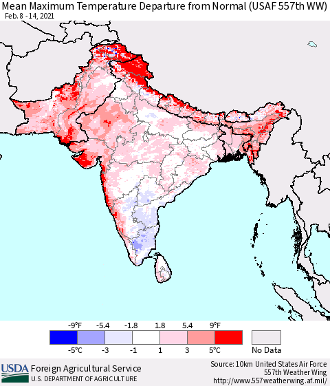 Southern Asia Maximum Temperature Departure From Normal (USAF 557th WW) Thematic Map For 2/8/2021 - 2/14/2021