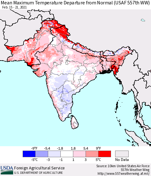 Southern Asia Maximum Temperature Departure From Normal (USAF 557th WW) Thematic Map For 2/15/2021 - 2/21/2021