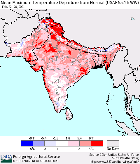 Southern Asia Maximum Temperature Departure From Normal (USAF 557th WW) Thematic Map For 2/22/2021 - 2/28/2021