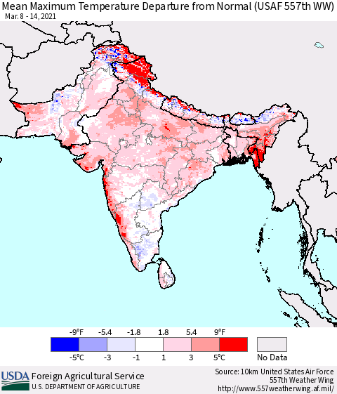 Southern Asia Mean Maximum Temperature Departure from Normal (USAF 557th WW) Thematic Map For 3/8/2021 - 3/14/2021