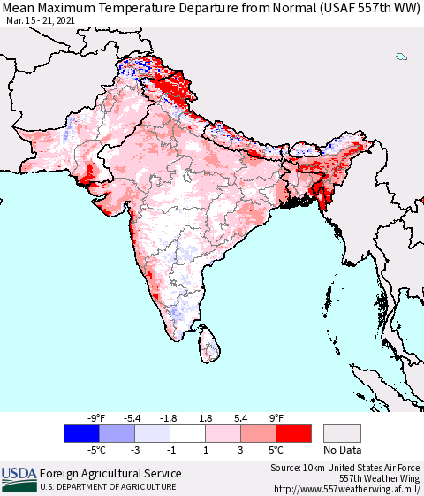 Southern Asia Mean Maximum Temperature Departure from Normal (USAF 557th WW) Thematic Map For 3/15/2021 - 3/21/2021