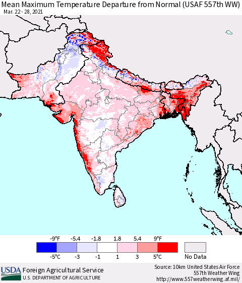 Southern Asia Mean Maximum Temperature Departure from Normal (USAF 557th WW) Thematic Map For 3/22/2021 - 3/28/2021