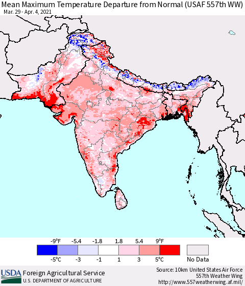 Southern Asia Maximum Temperature Departure From Normal (USAF 557th WW) Thematic Map For 3/29/2021 - 4/4/2021