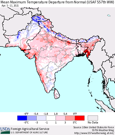 Southern Asia Maximum Temperature Departure From Normal (USAF 557th WW) Thematic Map For 4/5/2021 - 4/11/2021