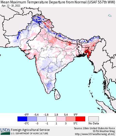 Southern Asia Mean Maximum Temperature Departure from Normal (USAF 557th WW) Thematic Map For 4/12/2021 - 4/18/2021