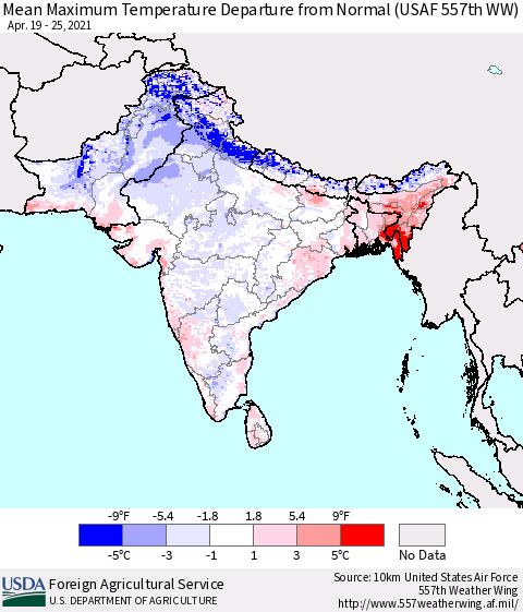 Southern Asia Maximum Temperature Departure From Normal (USAF 557th WW) Thematic Map For 4/19/2021 - 4/25/2021