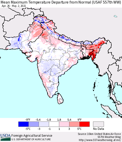 Southern Asia Maximum Temperature Departure From Normal (USAF 557th WW) Thematic Map For 4/26/2021 - 5/2/2021
