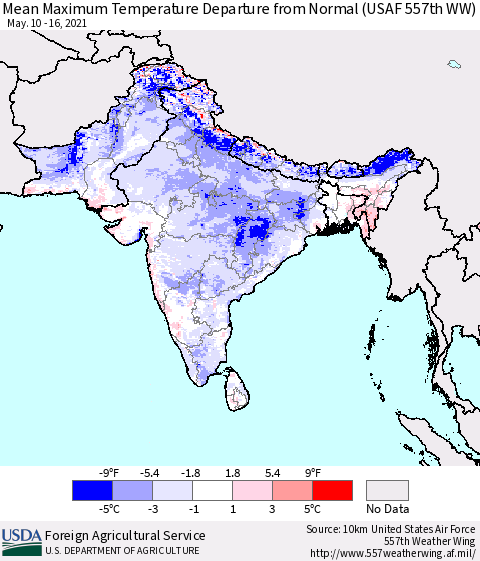 Southern Asia Maximum Temperature Departure From Normal (USAF 557th WW) Thematic Map For 5/10/2021 - 5/16/2021