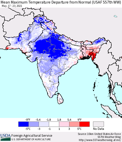 Southern Asia Maximum Temperature Departure From Normal (USAF 557th WW) Thematic Map For 5/17/2021 - 5/23/2021