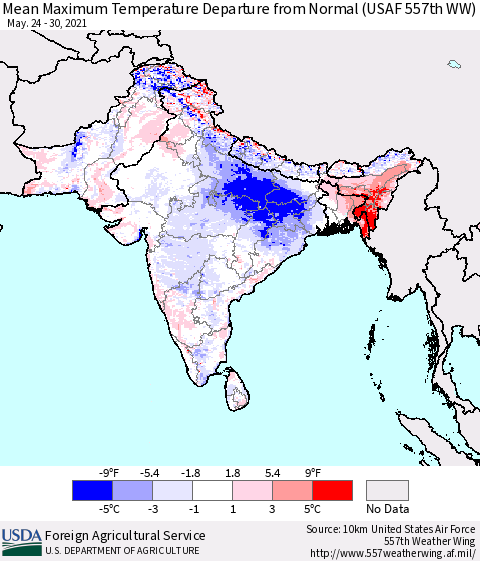 Southern Asia Maximum Temperature Departure From Normal (USAF 557th WW) Thematic Map For 5/24/2021 - 5/30/2021
